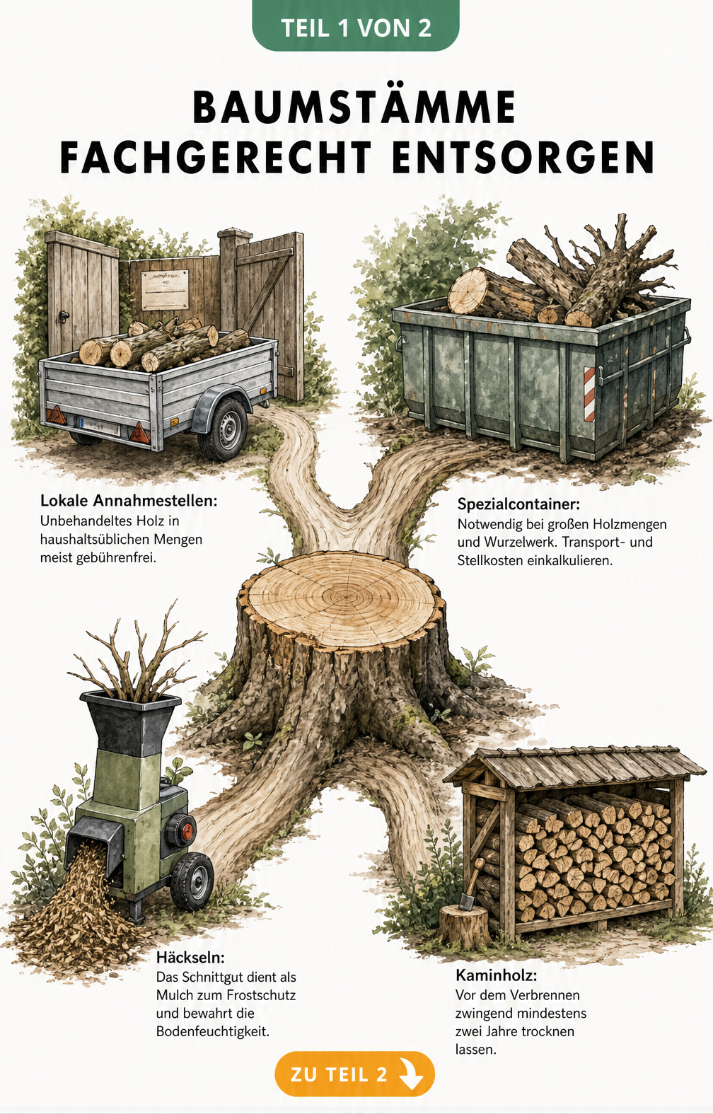 Illustration eines Baumstamms mit drei Wegen zur Entsorgung: Anhänger für lokale Annahmestellen, Spezialcontainer und Häcksler für Mulch sowie Kaminholz.