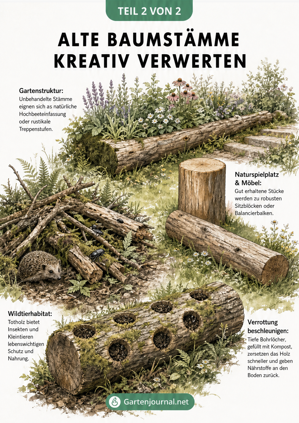 Gartenlandschaft mit Upcycling-Ideen für Baumstämme: Verrottung mit Kompost, Wildtierhabitat für Insekten, Beetbegrenzung und Naturspielplatz.