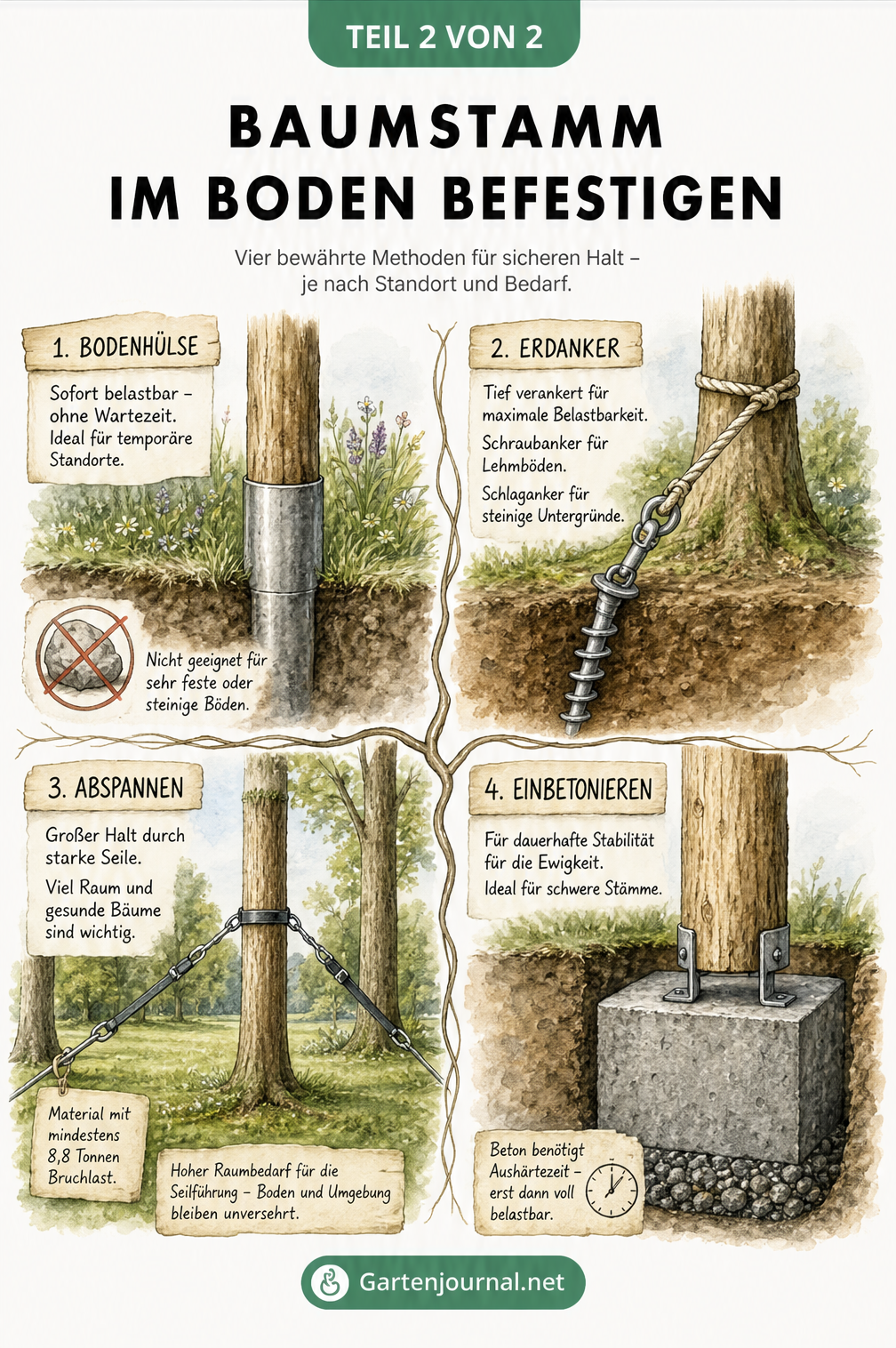 Vier Illustrationen zeigen verschiedene Methoden zur Befestigung eines Baumstamms im Boden: Bodenhülse, Erdanker, Abspannen und Einbetonieren
