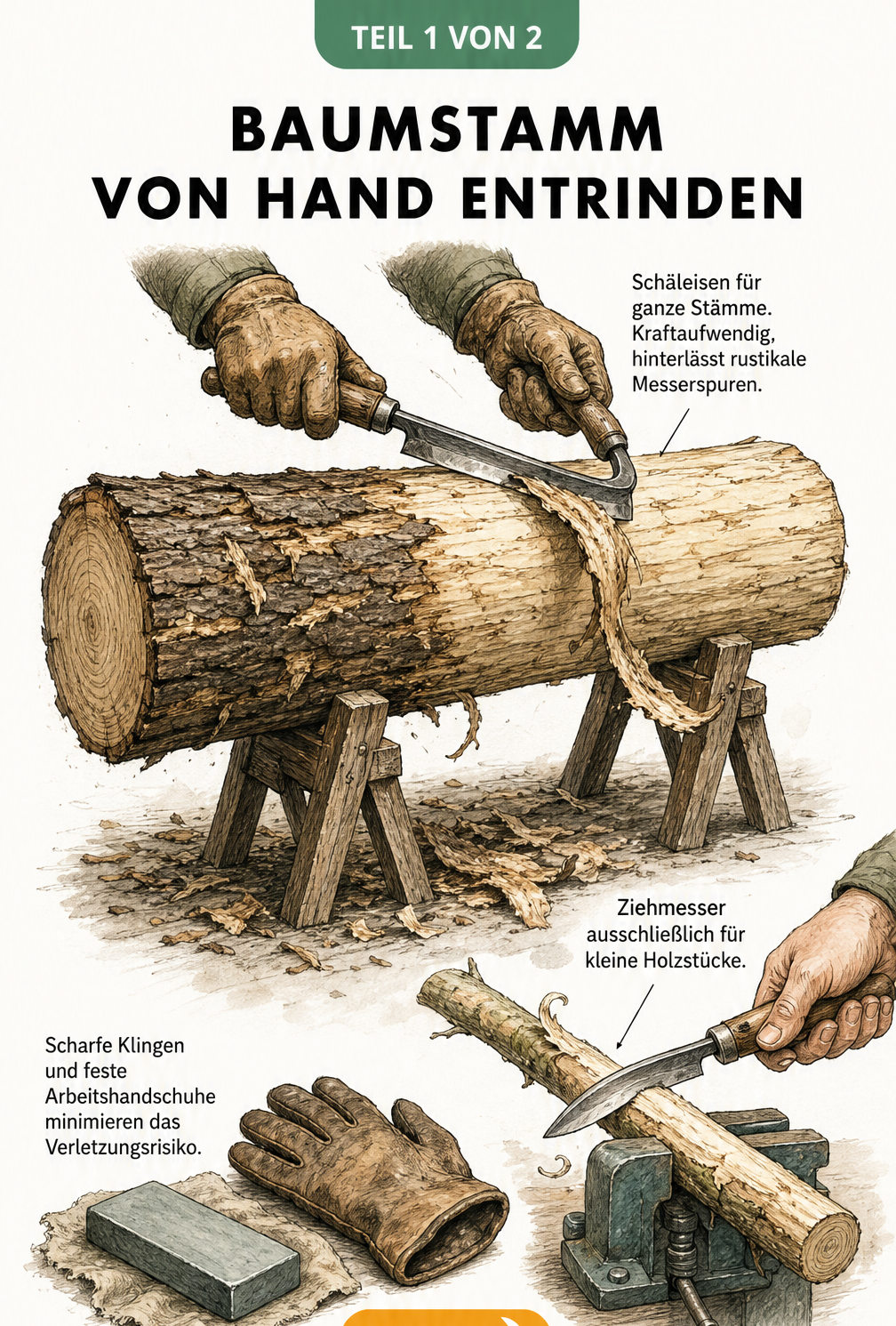 Illustration eines Baumstamms, der mit einem Schäleisen und einem Ziehmesser von Hand entrindet wird