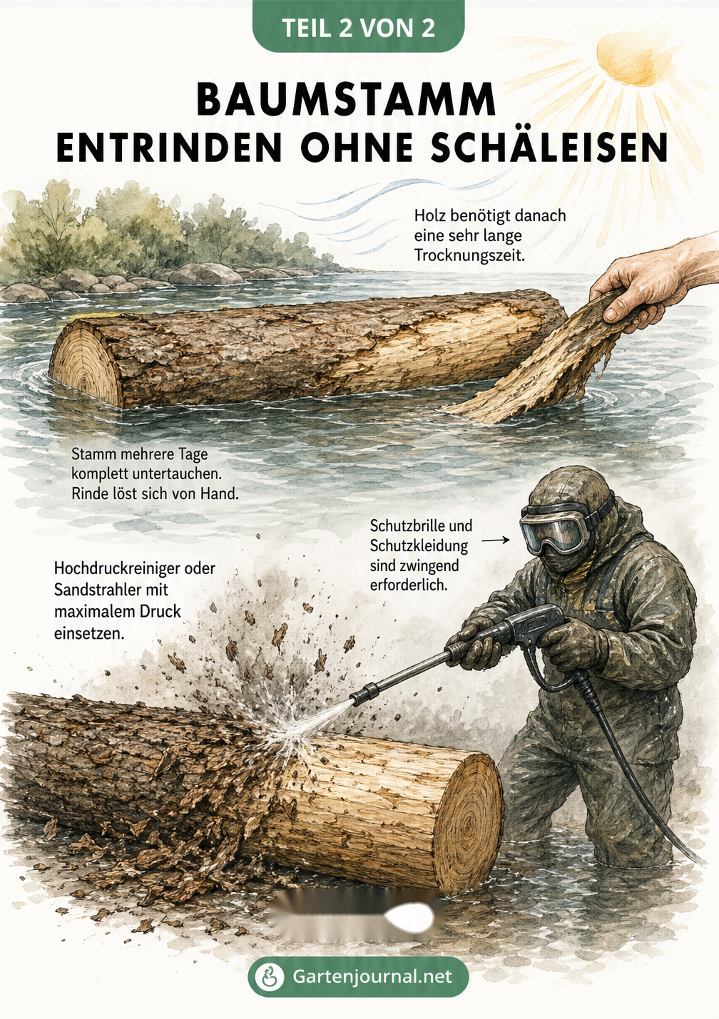 Zeichnung eines Baumstamms, der im Wasser eingeweicht und mit einem Hochdruckreiniger entrindet wird