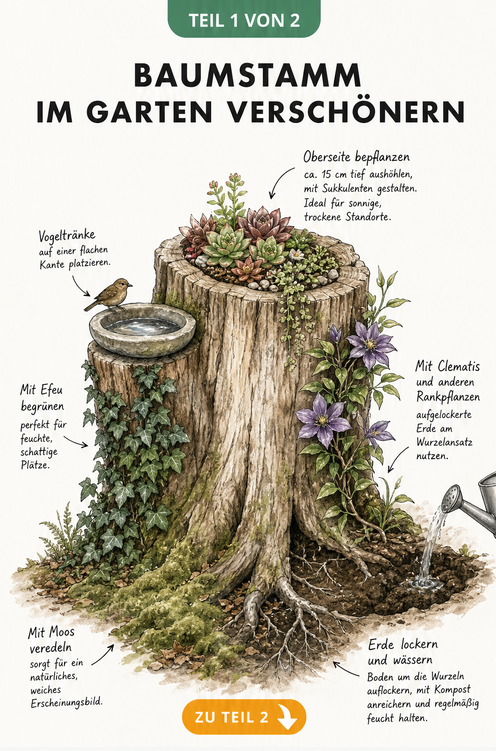 Illustration eines Baumstamms mit Sukkulenten, Efeu und Moos im Garten