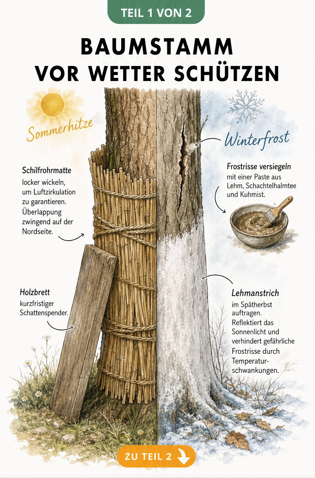 Illustration eines Baumstamms mit Schilfrohrmatte als Hitzeschutz und Lehmanstrich als Frostschutz