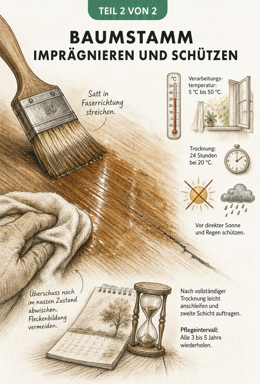 Detailzeichnung eines Pinsels, der Imprägniermittel in Faserrichtung auf einen Baumstamm aufträgt, inklusive Hinweisen zu Trocknungszeit und Temperatur.