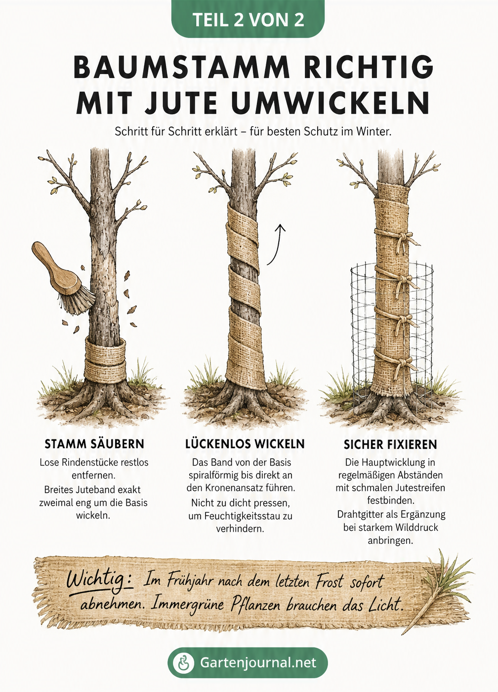Drei junge Bäume zeigen Schritt für Schritt, wie man Jute richtig um den Stamm wickelt