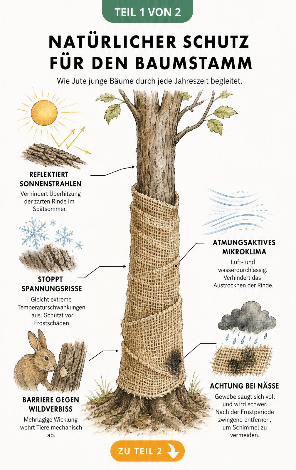 Illustration eines Baumstamms mit Jute-Wicklung, die Schutz vor Sonne, Frost und Wildverbiss zeigt