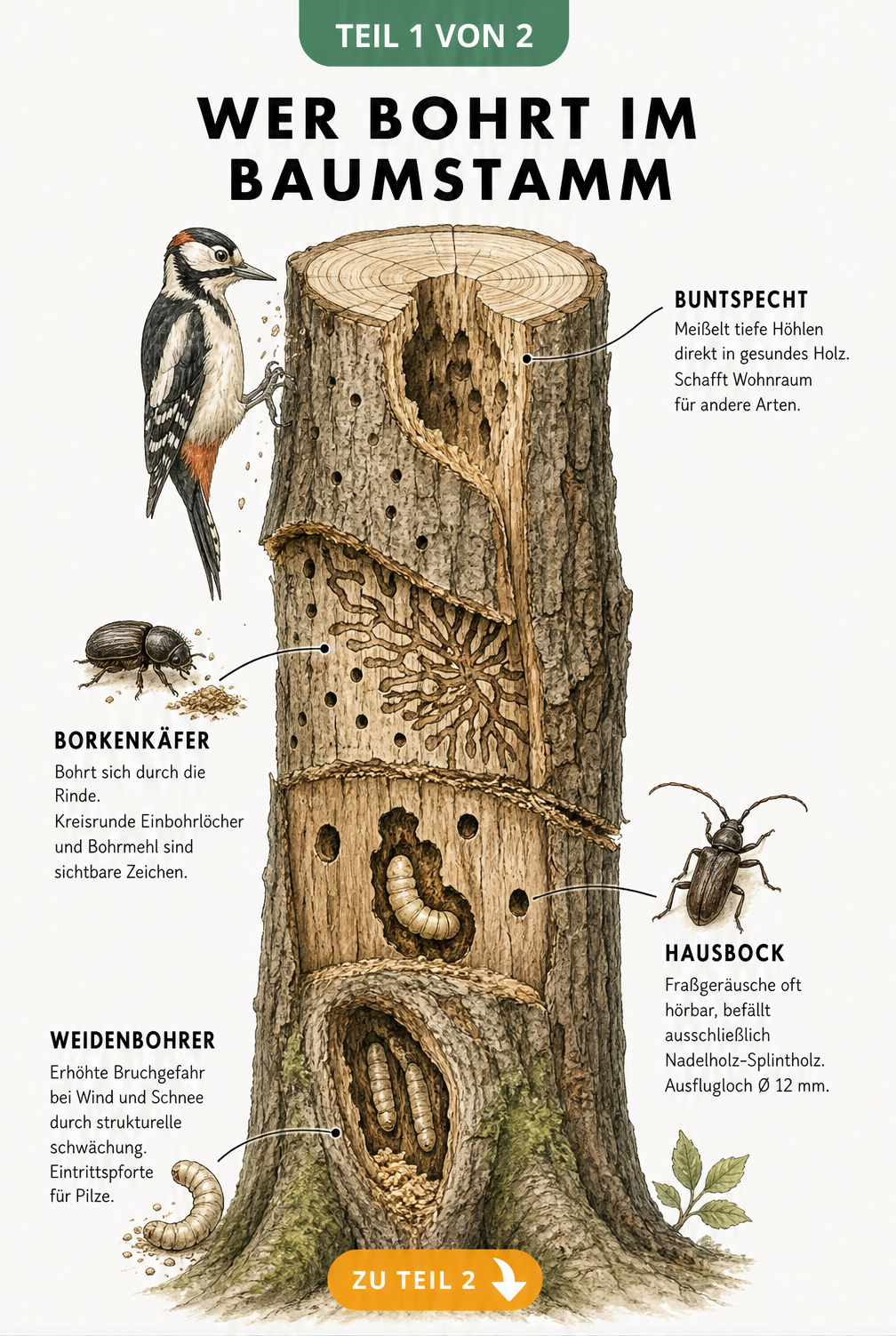Illustration eines Baumstamms im Längsschnitt mit Fraßspuren von Buntspecht, Borkenkäfer, Hausbock und Weidenbohrer