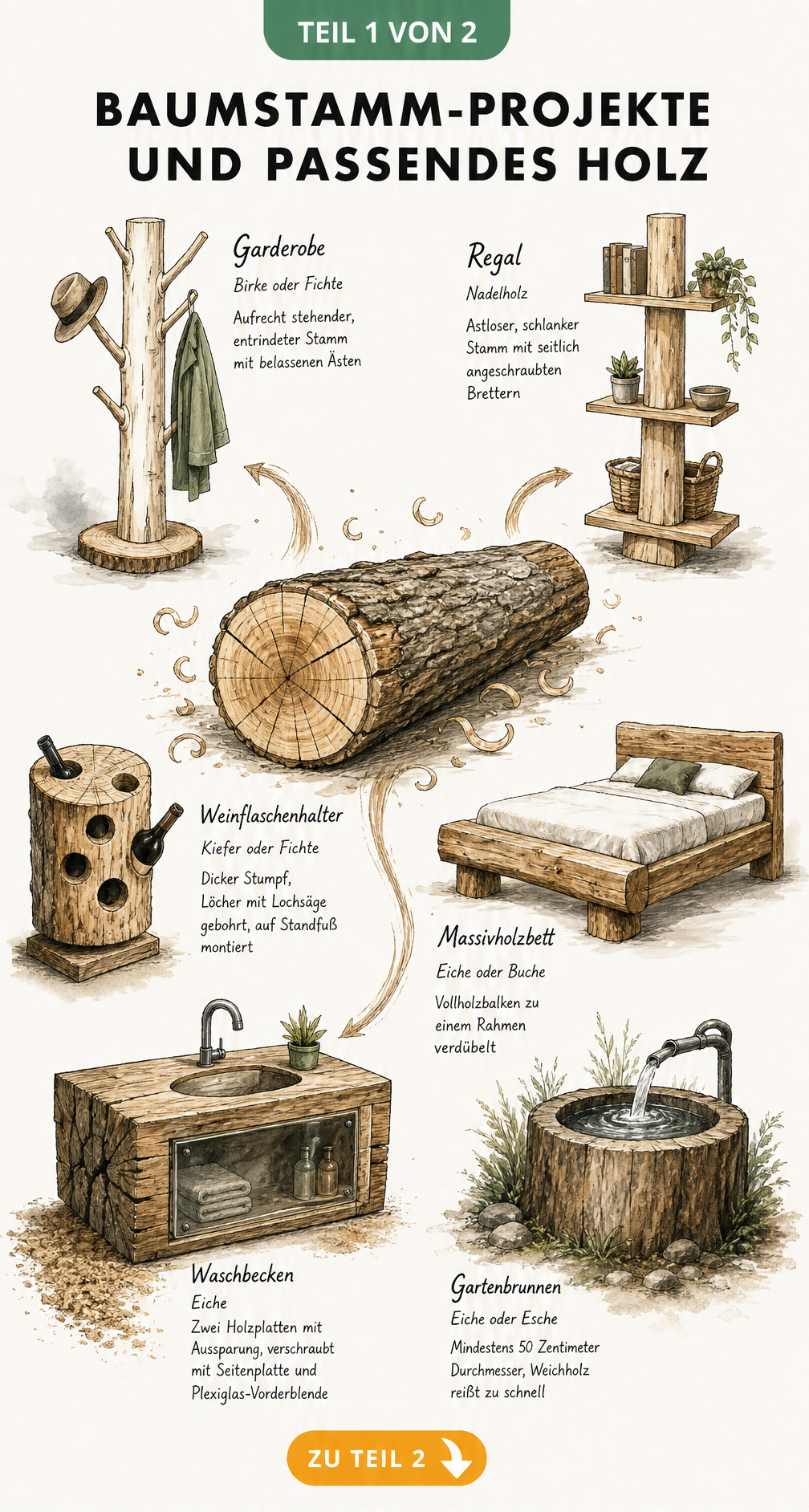 Illustration eines Baumstamms mit verschiedenen Holzprojekten wie Garderobe, Regal und Bett