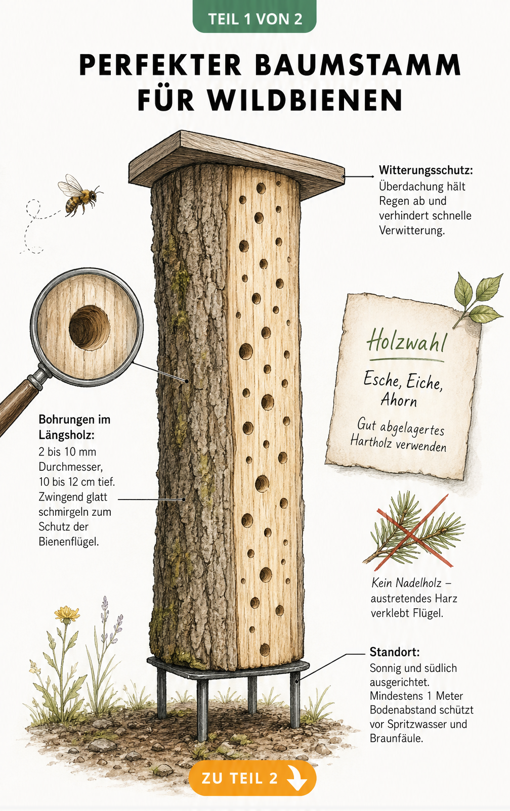 Illustration eines Baumstamms als Nisthilfe für Wildbienen mit Überdachung, Bohrlöchern im Längsholz und Sockel