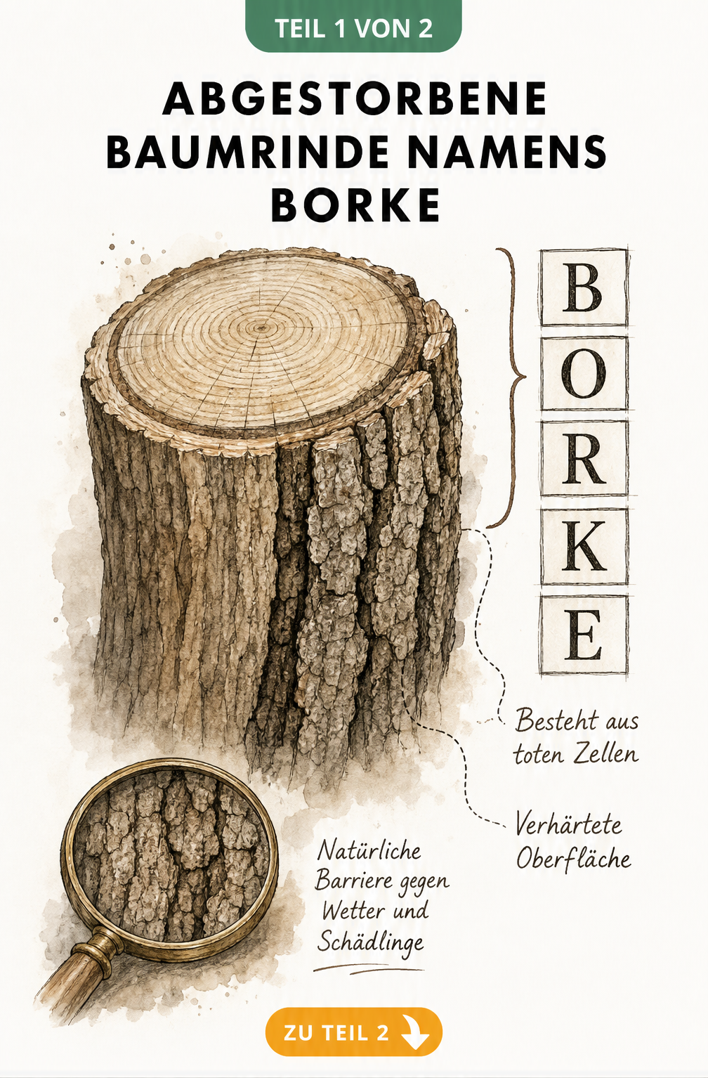 Querschnitt eines Baumstamms mit markierter Borke und Erklärungen zur äußeren Rindenschicht