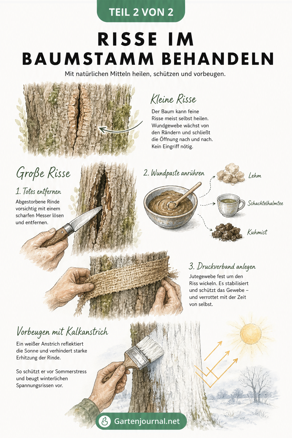 Illustration zur Behandlung von Baumrissen mit Wundheilung, Lehm-Paste und weißem Baumanstrich