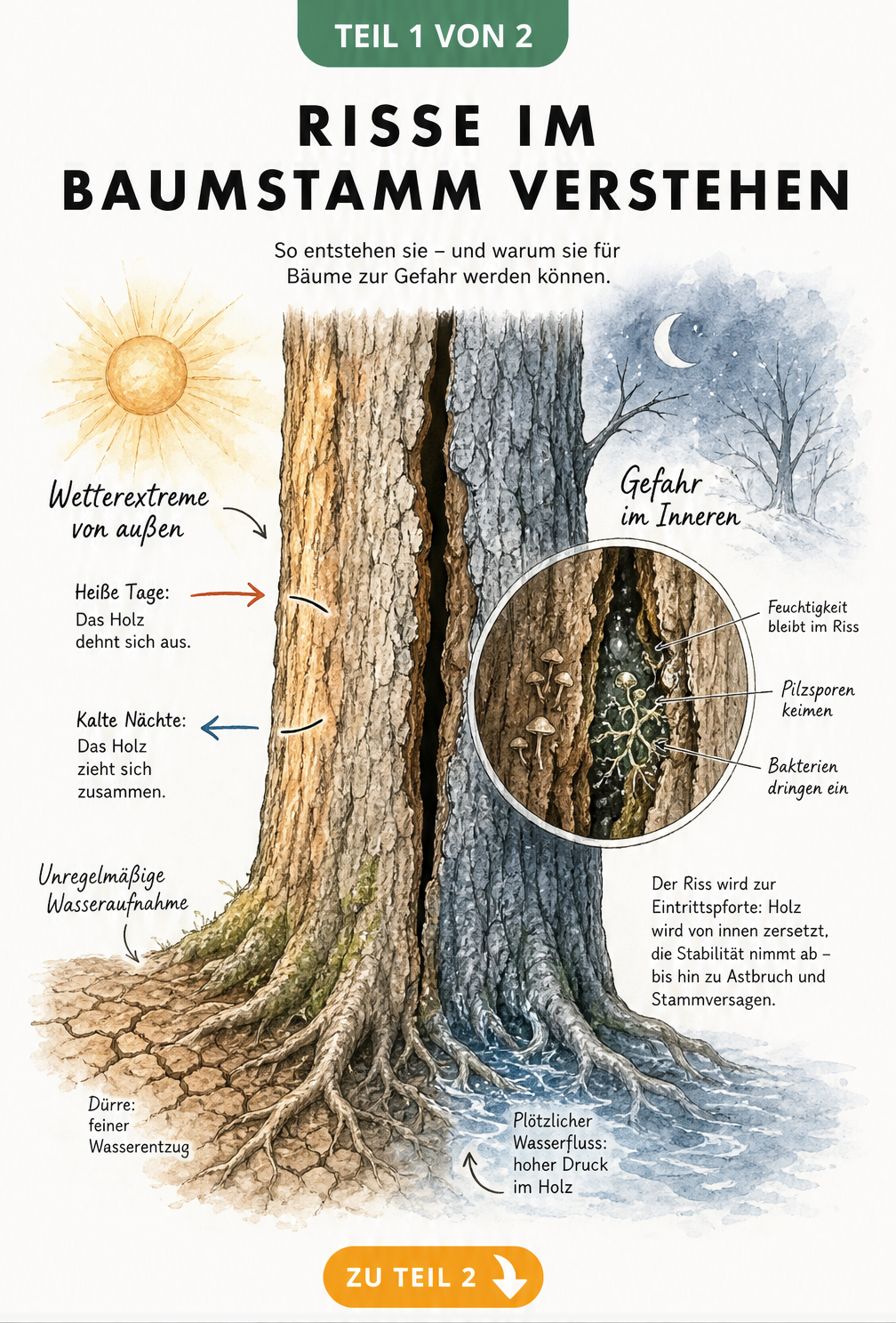 Illustration eines Baumstamms mit Riss, der die Auswirkungen von Temperaturschwankungen und unregelmäßiger Bewässerung zeigt