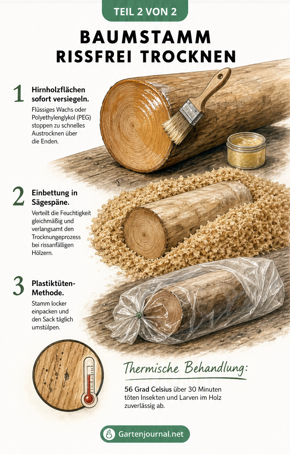 Illustration eines Baumstamms auf einer Werkbank mit Methoden zur Versiegelung von Hirnholz und Einbettung in Sägespäne