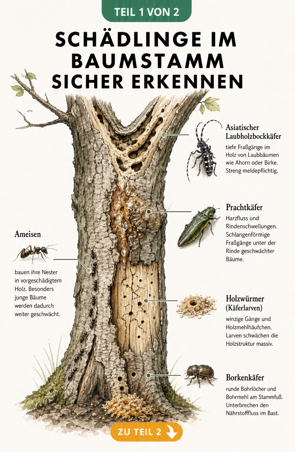 Illustration eines Baumstamms mit typischen Schadbildern von Laubholzbockkäfer, Prachtkäfer, Holzwurm, Borkenkäfer und Ameisen