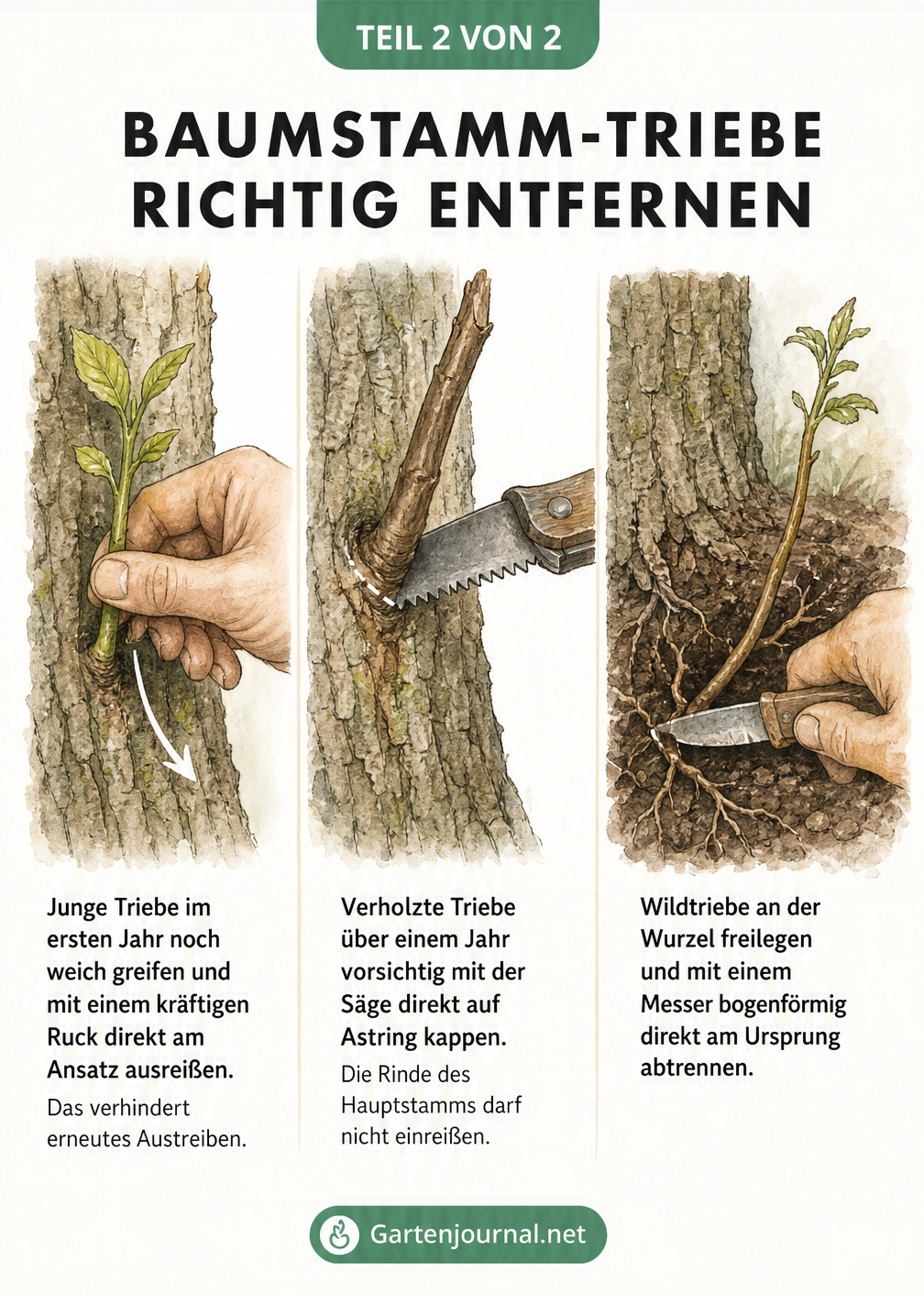 Drei Detailansichten zeigen das Ausreißen junger Triebe, das Absägen verholzter Triebe und das Abschneiden von Wildtrieben an der Wurzel.