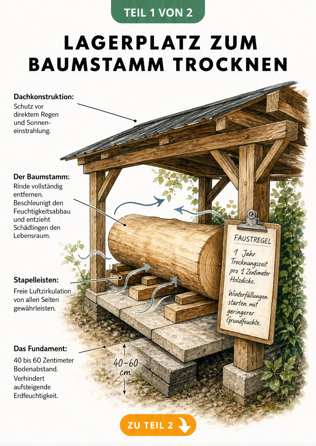 Isometrische Darstellung eines Holzunterstands im Garten mit entrindetem Baumstamm und Hinweisen zur Luftzirkulation