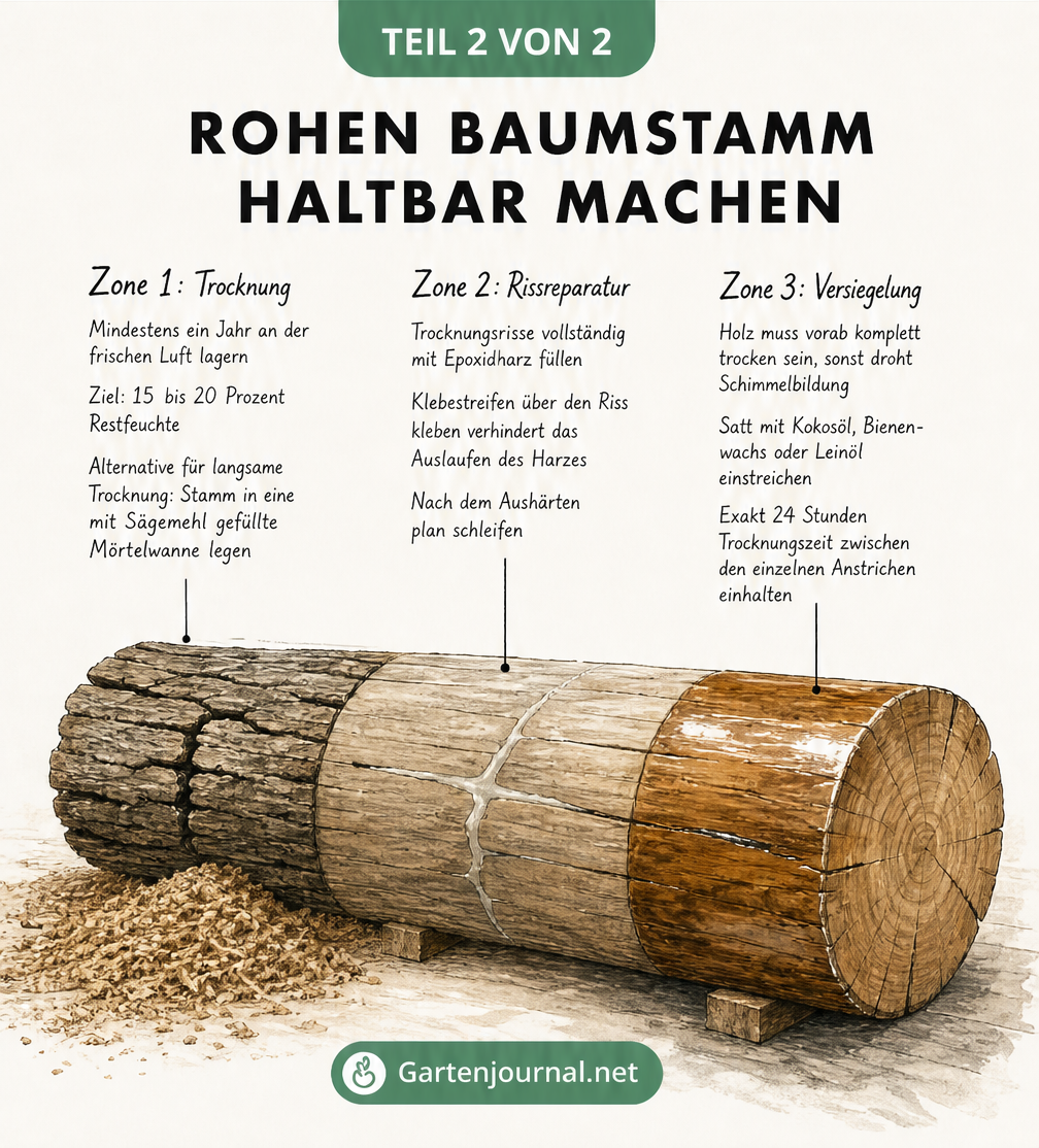 Querschnitt eines Baumstamms, der die Schritte Trocknung, Rissreparatur und Versiegelung zeigt