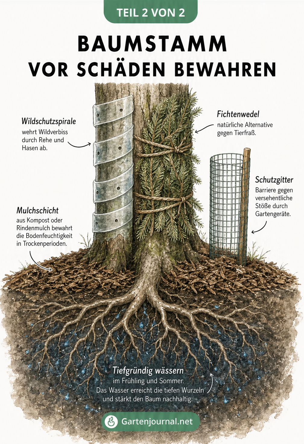 Querschnitt eines Baumes mit Wildschutzspirale, Mulchschicht und tiefen Wurzeln