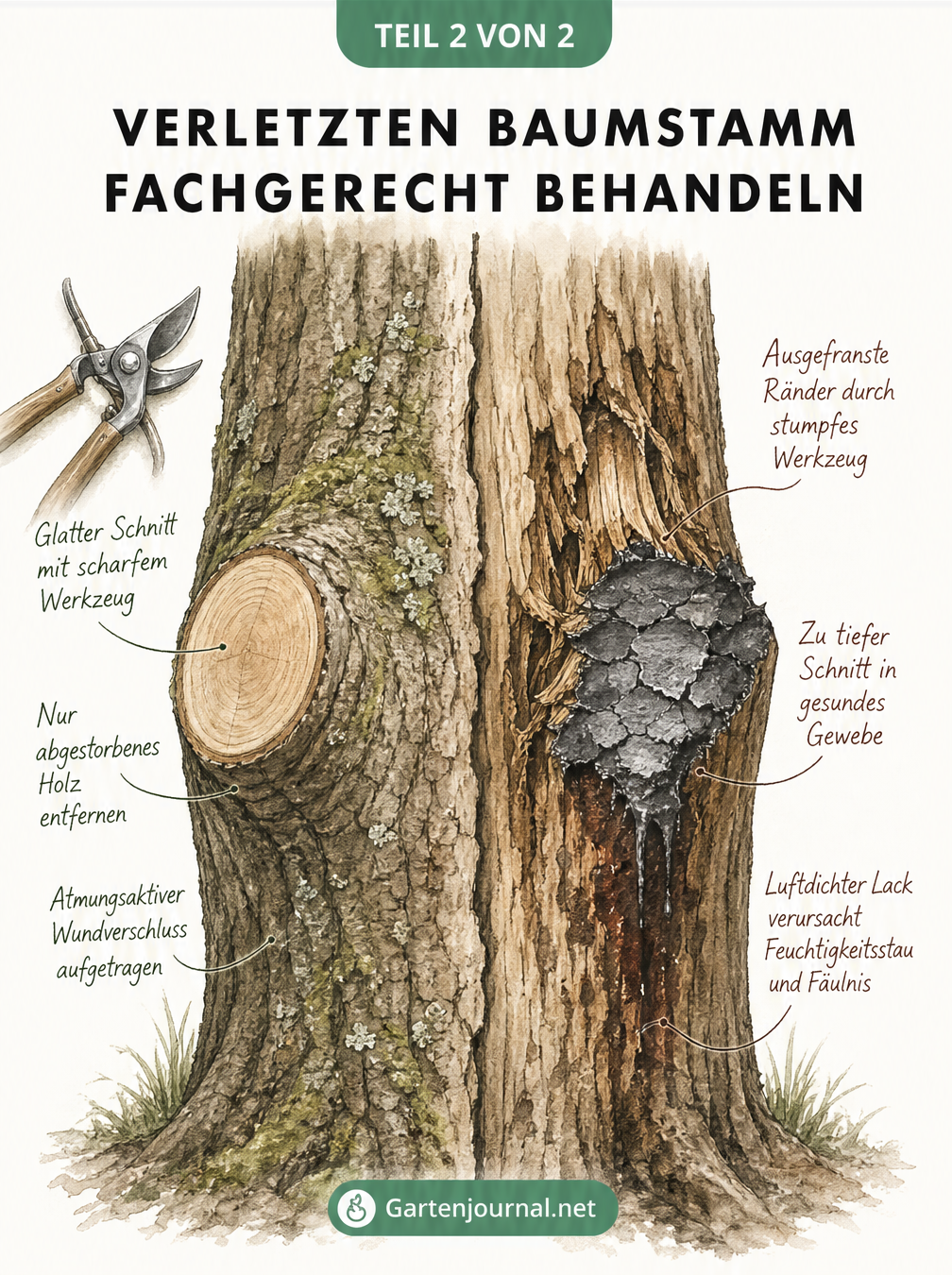 Gegenüberstellung einer korrekten und fehlerhaften Wundbehandlung am Baumstamm mit glattem Schnitt versus ausgefransten Rändern