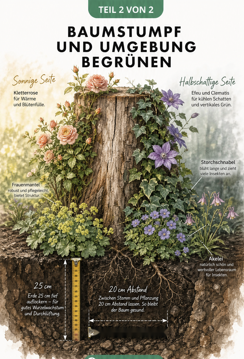 Baumstumpf mit Kletterrose auf der Sonnenseite und Efeu sowie Clematis im Halbschatten, umgeben von Stauden.