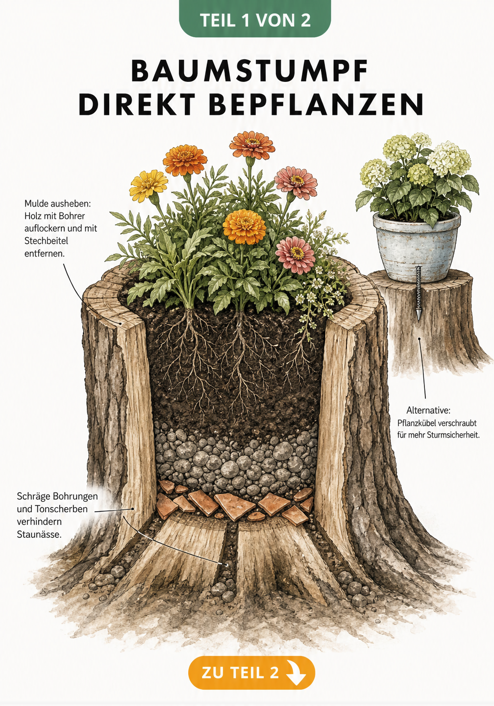 Querschnitt eines Baumstumpfs mit ausgehöhlter Mulde, Drainageschicht aus Kies und Tonscherben sowie gepflanzten Sommerblumen.