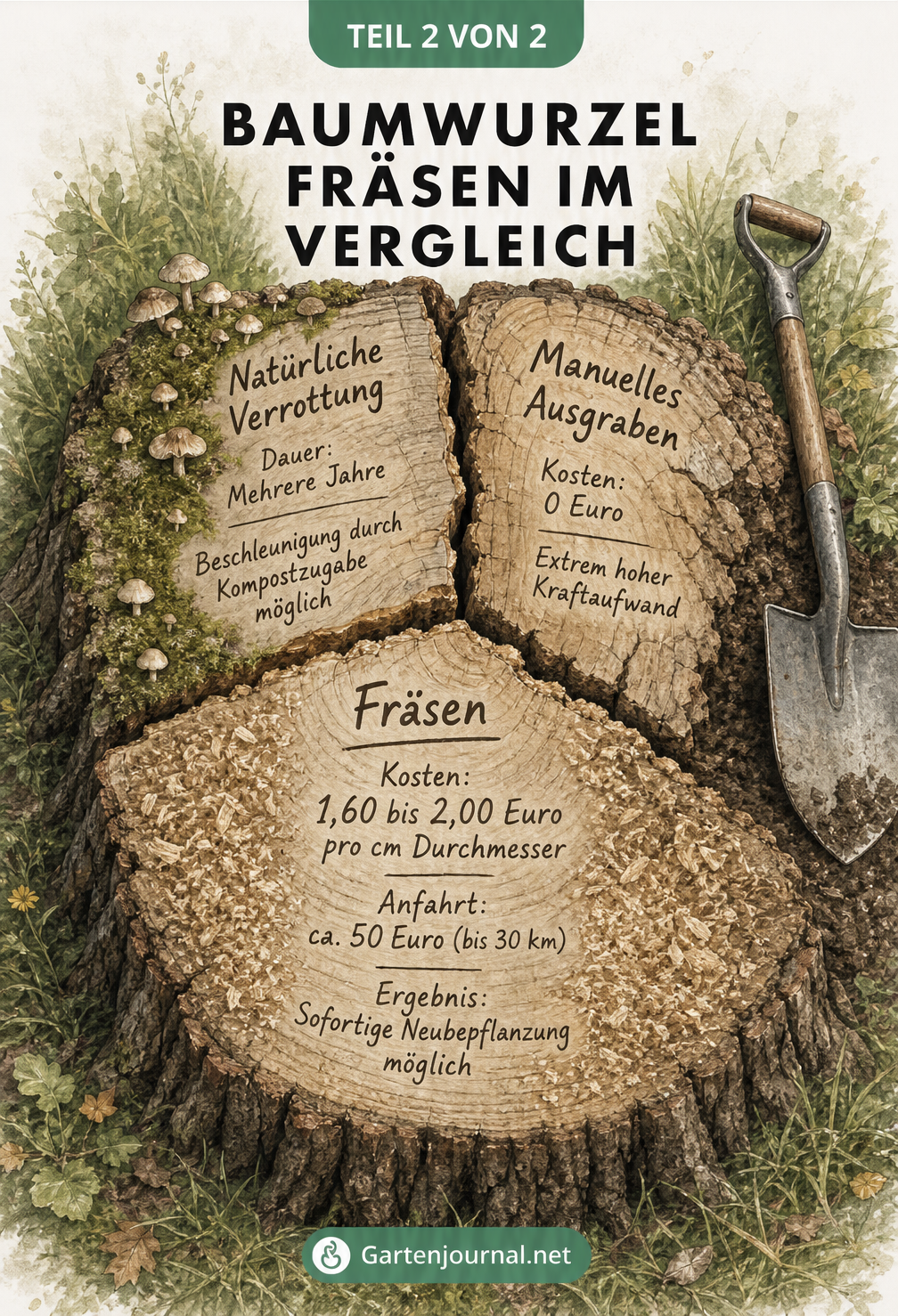 Vergleich von drei Methoden zur Baumstumpfentfernung auf einem alten Baumstumpf: Fräsen, natürliche Verrottung und manuelles Ausgraben mit Kosten und Aufwand.