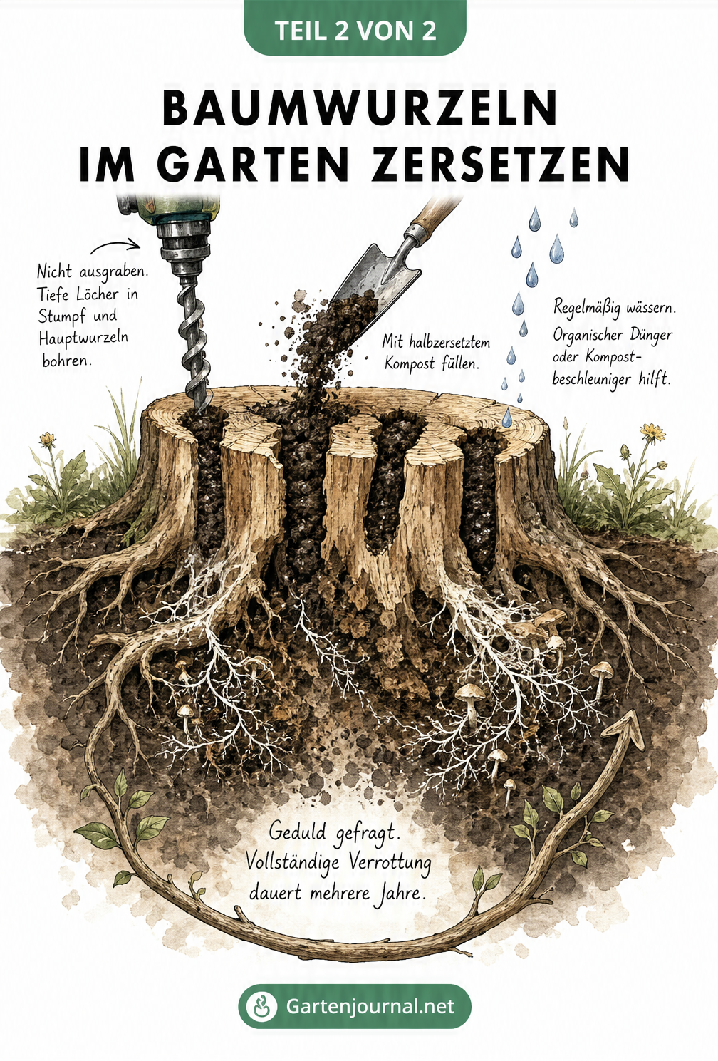 Querschnitt durch das Erdreich mit einem Baumstumpf, der durch Bohrlöcher und Kompost zersetzt wird