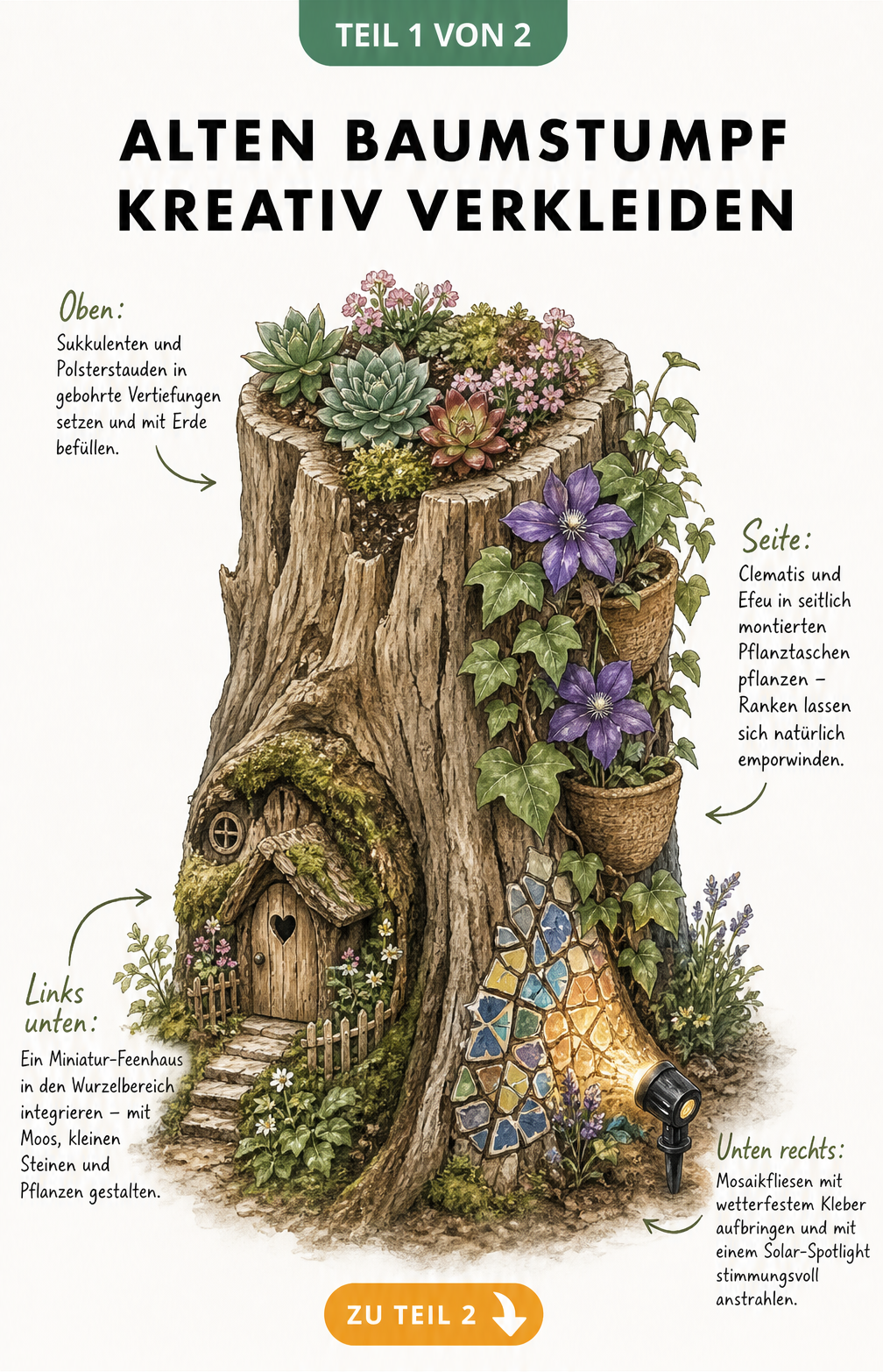 Handgezeichnete Illustration eines Baumstumpfs mit Sukkulenten, Clematis, einem Feenhaus und Mosaikfliesen