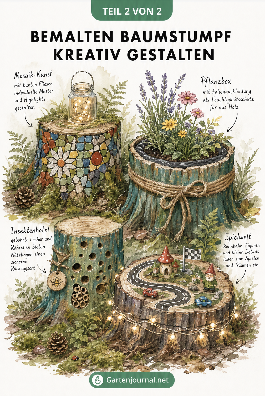 Aquarell-Skizze von vier bemalten Baumstümpfen, gestaltet als Insektenhotel, Pflanzbox, Spielwelt und Mosaik-Kunst