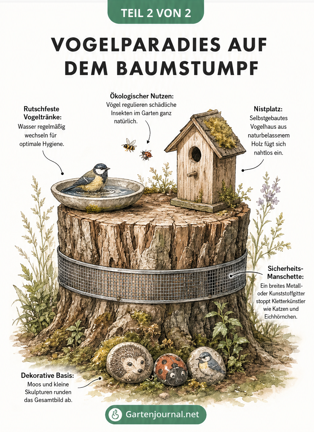 Illustration eines Baumstumpfes als Vogelparadies mit Vogeltränke, Nistplatz und Sicherheitsmanschette