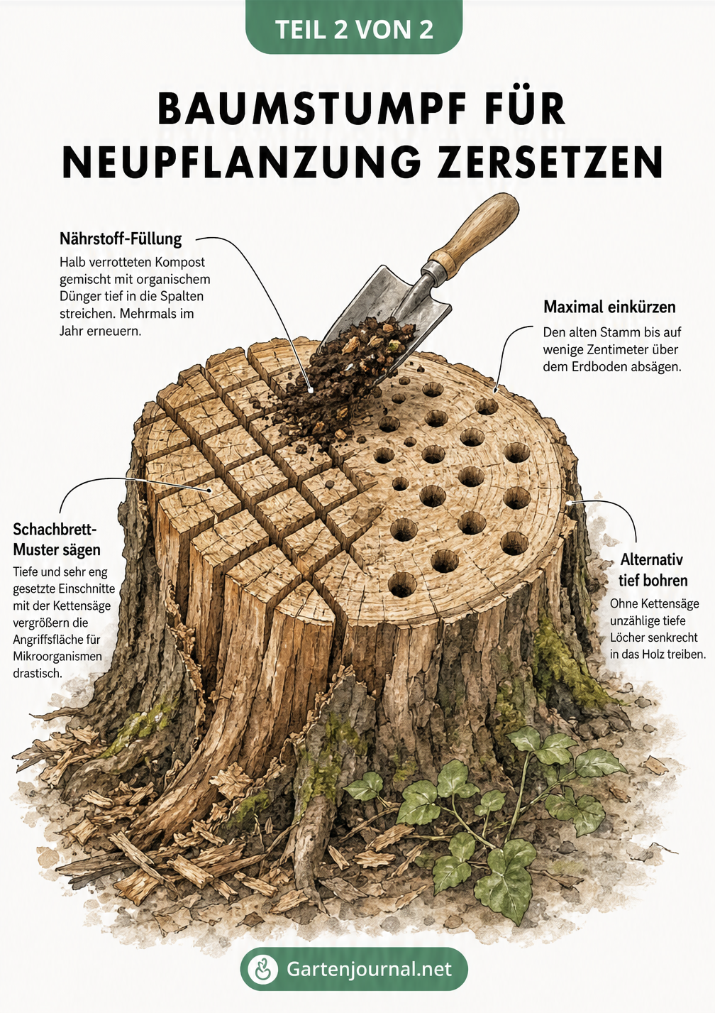 Illustration eines Baumstumpfes mit Schachbrett-Muster und Bohrlöchern zur Beschleunigung der Zersetzung durch Kompost.