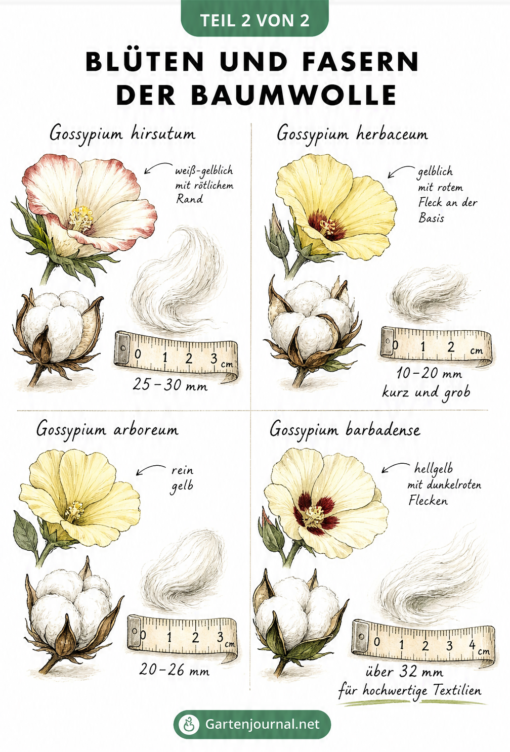Aquarell-Illustration der Blüten und Fasern von vier Baumwollarten mit Maßband zur Faserlänge