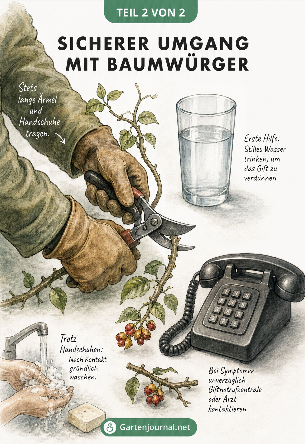 Illustration zur sicheren Gartenarbeit mit Handschuhen und Erster Hilfe bei Vergiftungen durch den Baumwürger