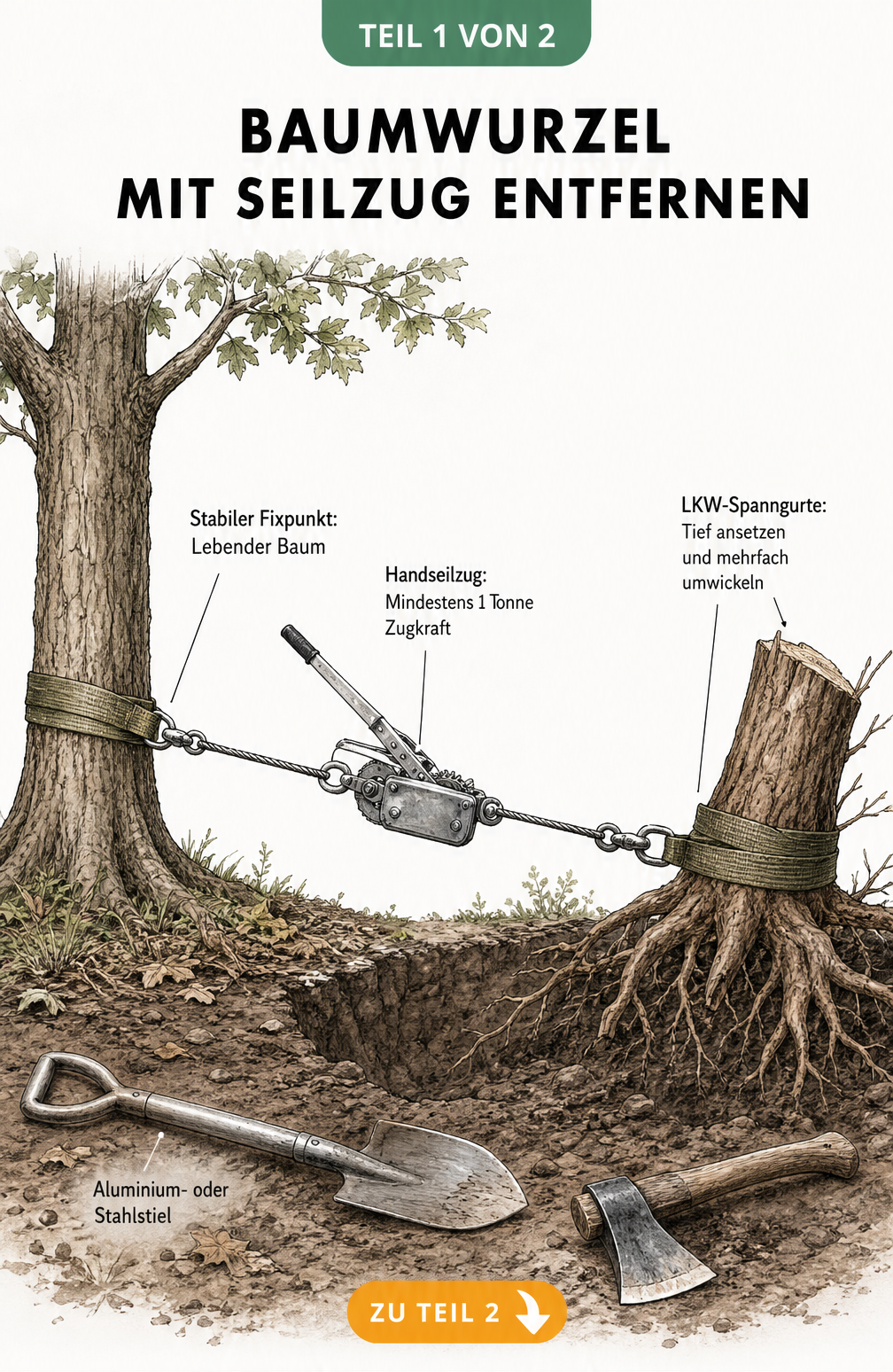 Querschnitt-Zeichnung: Aufbau eines Handseilzugs zwischen einem gesunden Baum als Fixpunkt und einem Wurzelstock, inklusive Werkzeug wie Spaten und Axt.