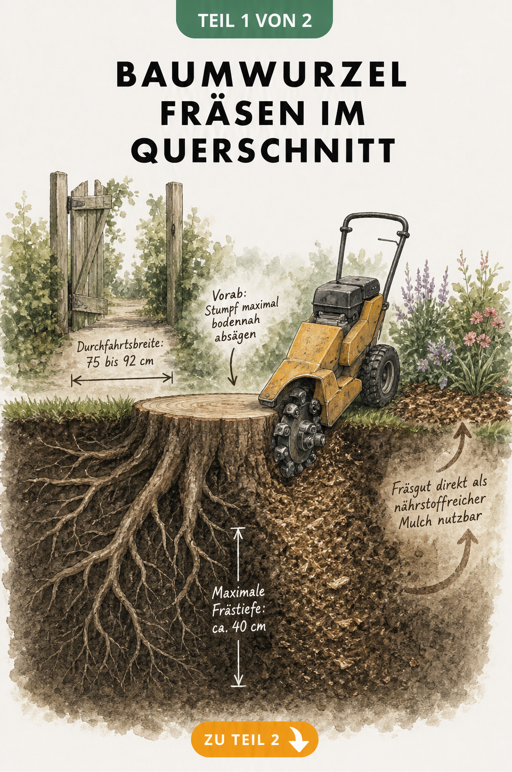 Querschnitt eines Gartens mit einer Wurzelfräse, die einen Baumstumpf zerkleinert, inklusive Maßangaben zur Frästiefe und Durchfahrtsbreite.