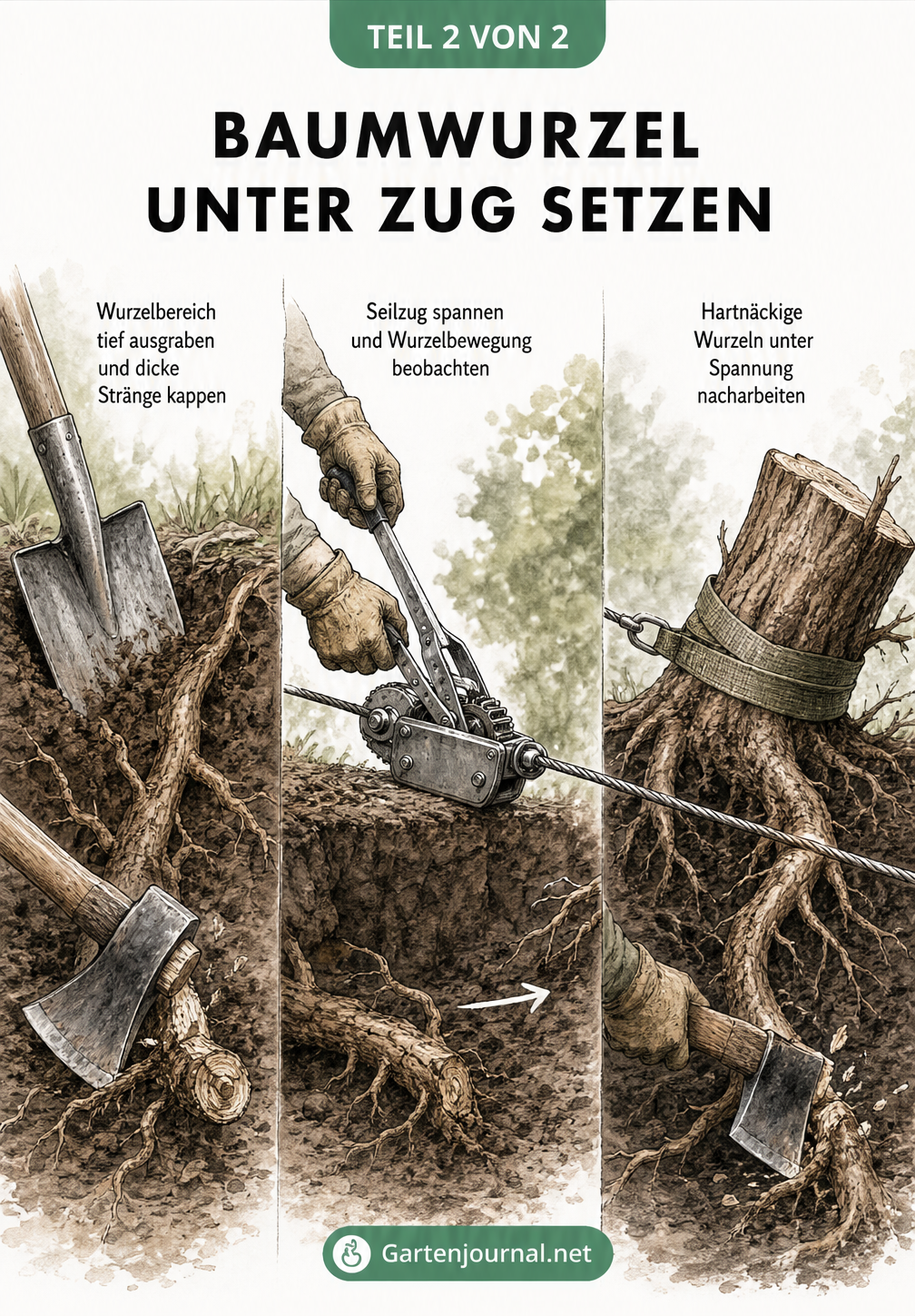 Illustration in drei Schritten: Wurzelbereich ausgraben, Seilzug spannen und letzte Halte-Wurzeln unter Spannung mit einer Axt durchtrennen.