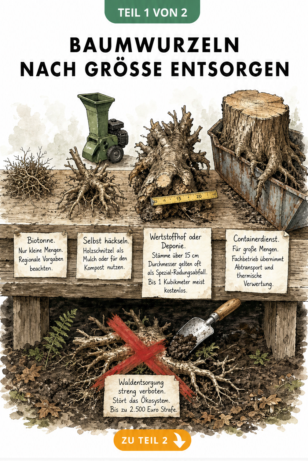 Illustration einer Werkbank mit Baumwurzeln in verschiedenen Größen und Etiketten zur Entsorgung