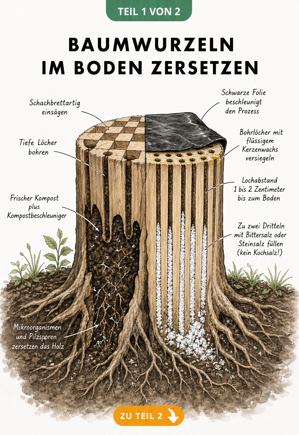 Illustration eines Baumstumpfes im Querschnitt, der zwei Methoden zur Zersetzung von Baumwurzeln zeigt: biologisch mit Kompost und chemisch mit Bittersalz.