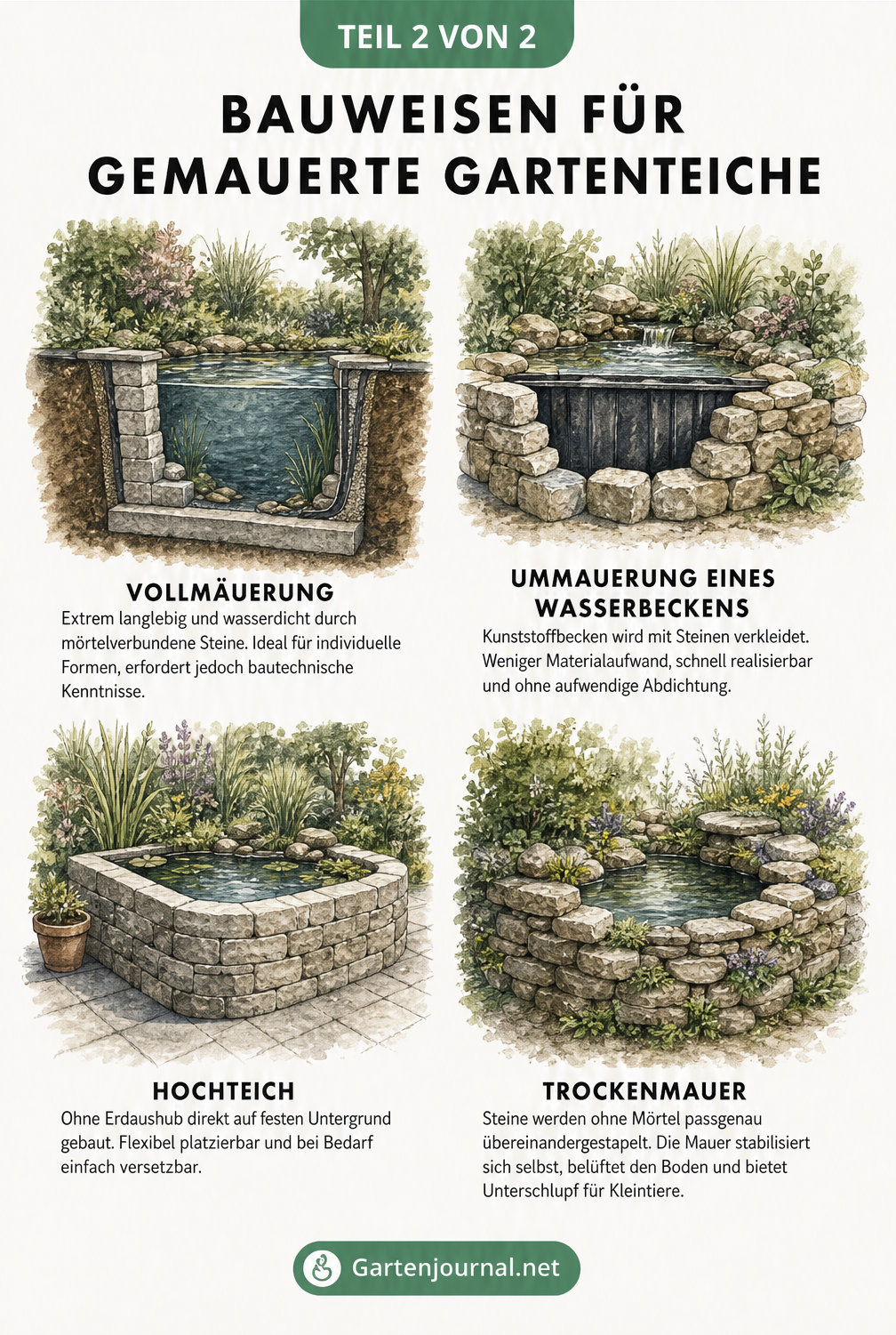 Vier verschiedene Bauweisen für gemauerte Gartenteiche: Vollständige Mauerung, Ummauerung eines Beckens, Hochteich und Trockenmauer