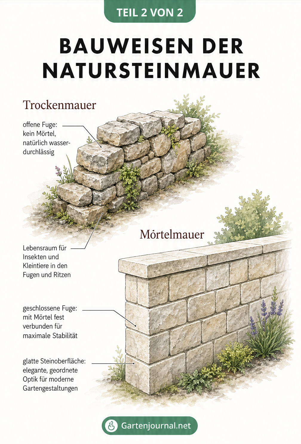 Architektur-Skizze zweier Bauweisen für Natursteinmauern: Trockenmauer aus Bruchstein und Mörtelmauer aus Quaderstein