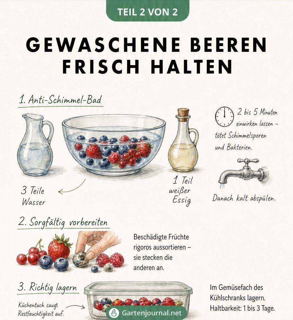 Schnittzeichnung eines Essigbads und der Lagerung von Beeren im Kühlschrank