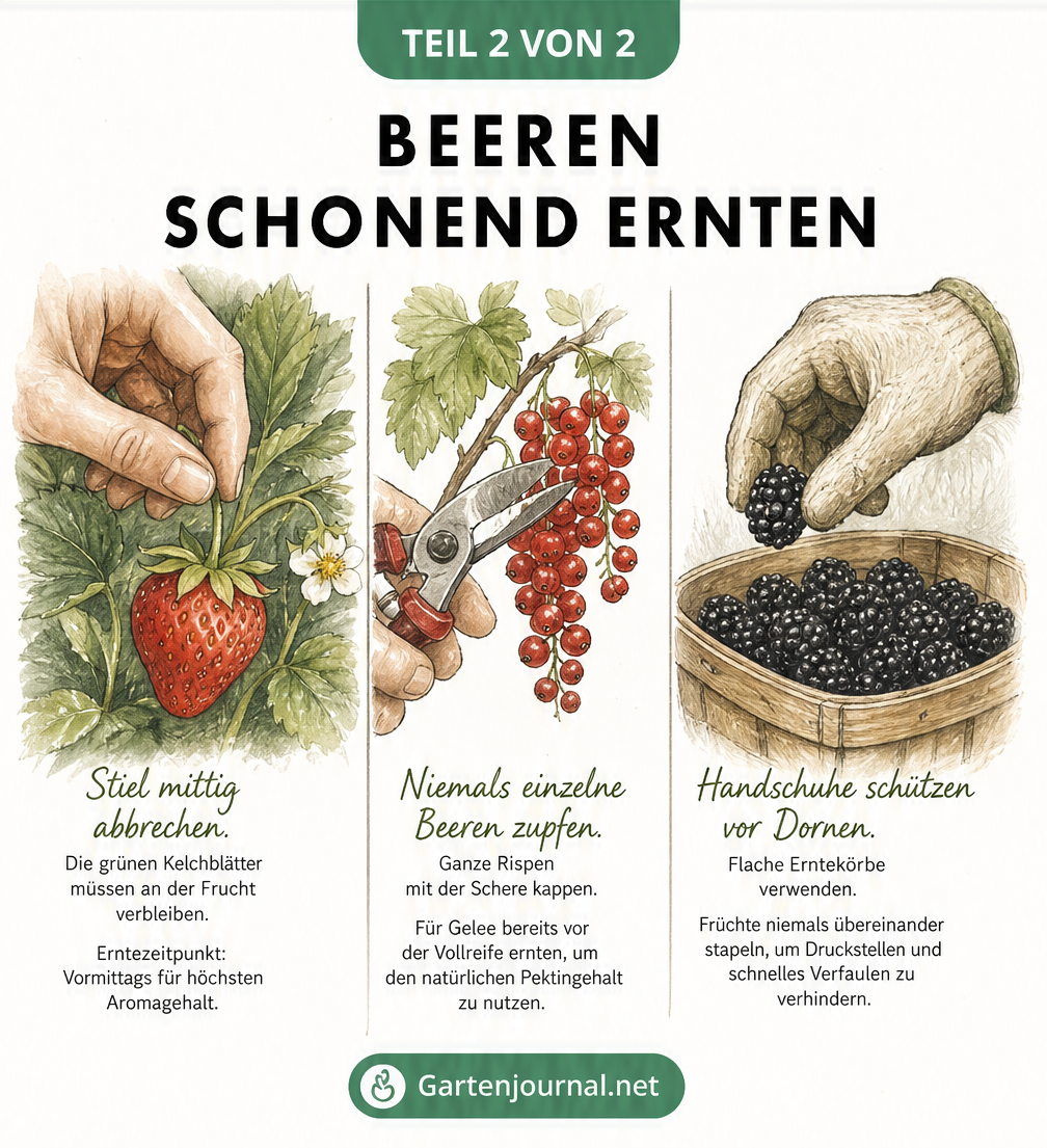 Drei Nahaufnahmen zur schonenden Beerenernte: Erdbeeren mit Stiel abbrechen, Johannisbeeren als ganze Rispe abschneiden und Brombeeren mit Handschuhen in...