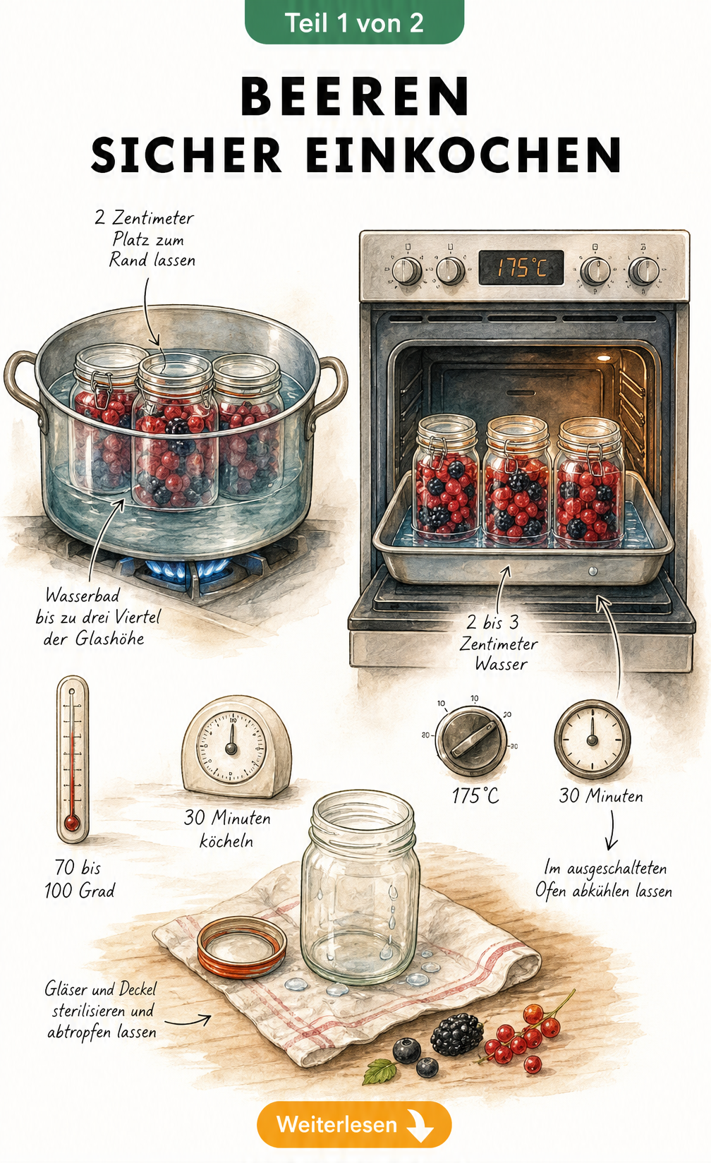 Illustration von Kochtopf und Backofen mit Einmachgläsern zum sicheren Einkochen von Beeren