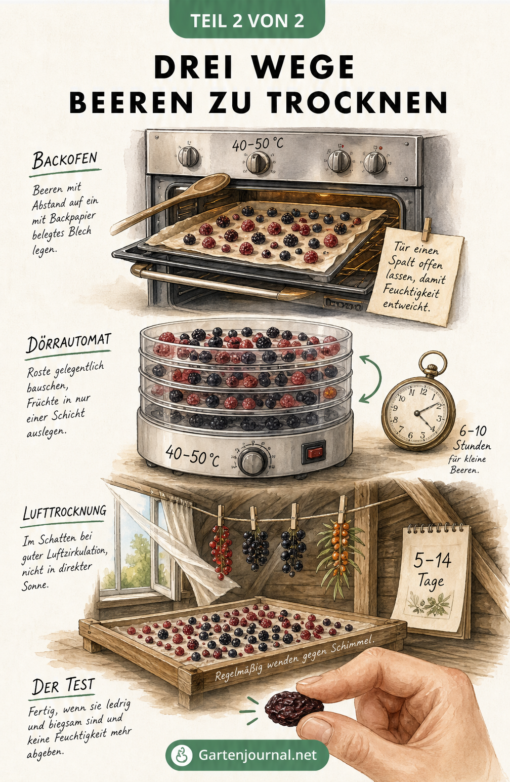 Illustration von drei Methoden zum Trocknen von Beeren: Backofen, Dörrautomat und Lufttrocknung