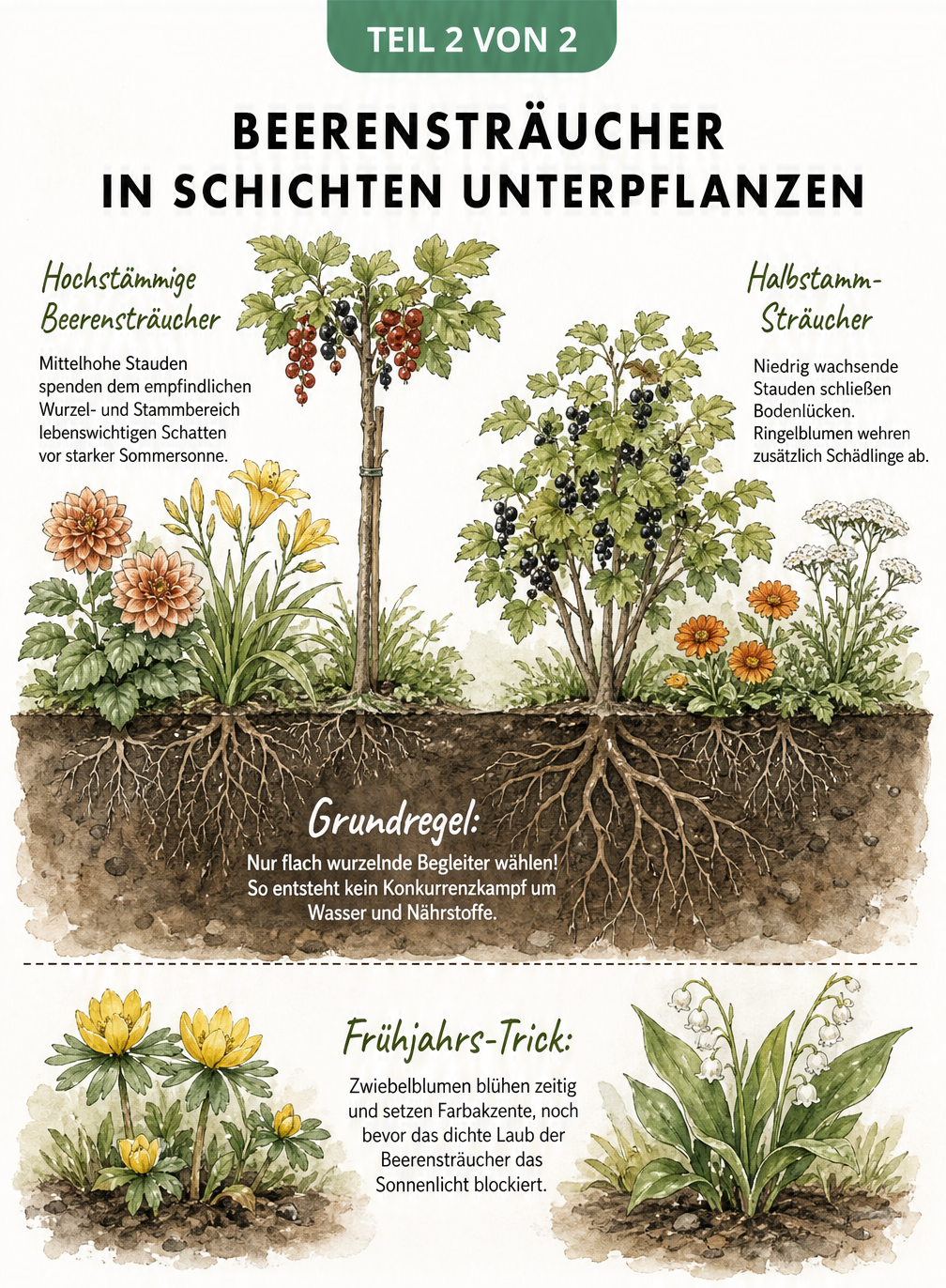 Schnittbild eines Gartenbeets mit Beerensträuchern, das die Unterpflanzung in verschiedenen Schichten zeigt