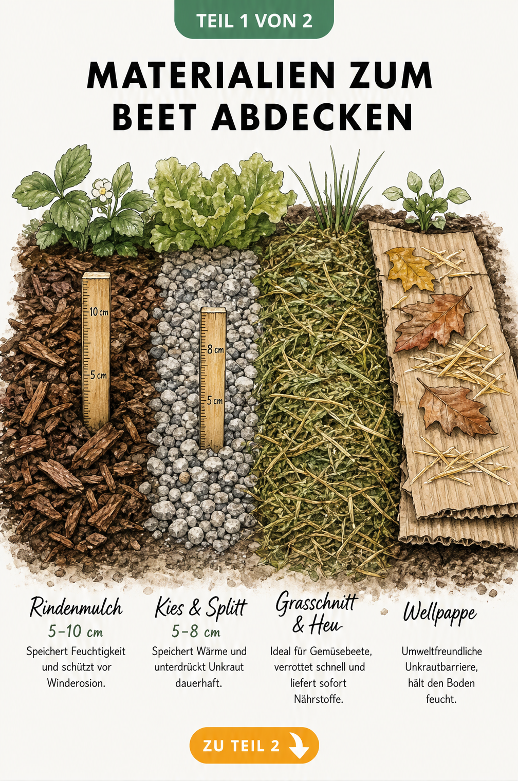 Illustration verschiedener Materialien zum Abdecken von Beeten wie Rindenmulch, Kies, Grasschnitt und Wellpappe mit Angabe der Schichtdicke