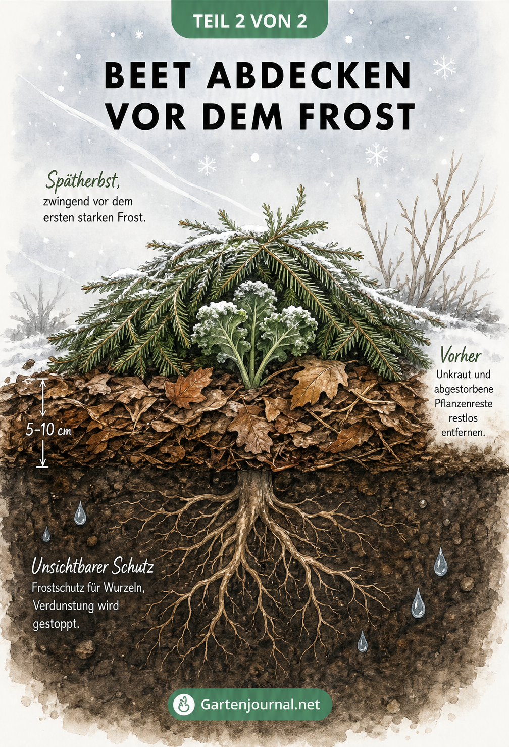 Querschnitt durch ein winterliches Gartenbeet mit Laub, Kompost und Tannenreisig als Frostschutz für die Wurzeln
