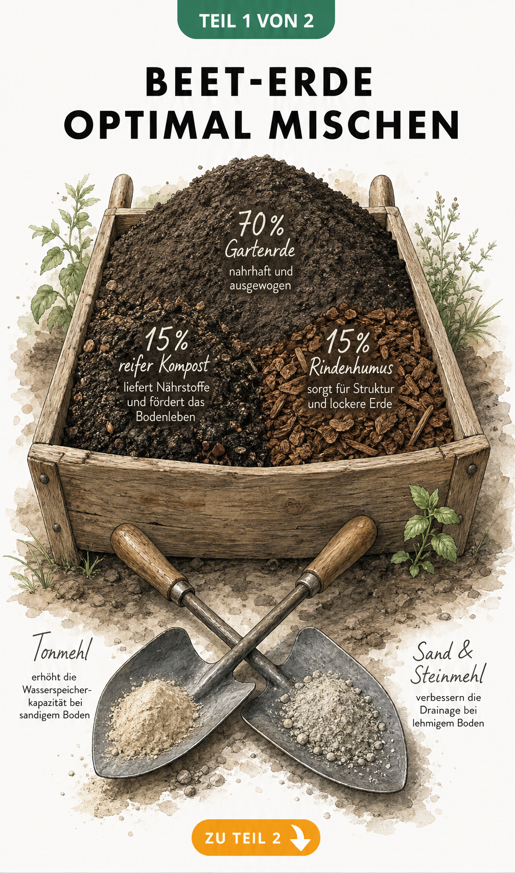 Illustration einer Holzschubkarre mit der optimalen Mischung für Beet-Erde aus Gartenerde, Kompost und Rindenhumus