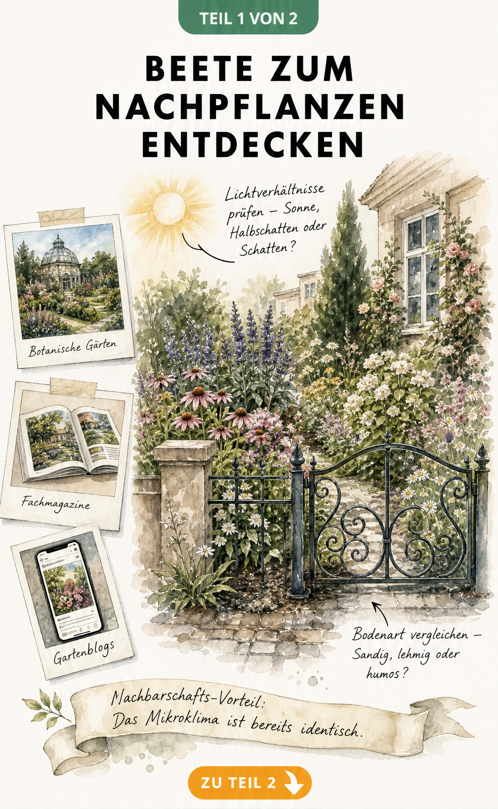 Aquarell-Illustration eines Vorgartens mit Notizen zu Lichtverhältnissen, Bodenart und Mikroklima als Inspiration für neue Beete