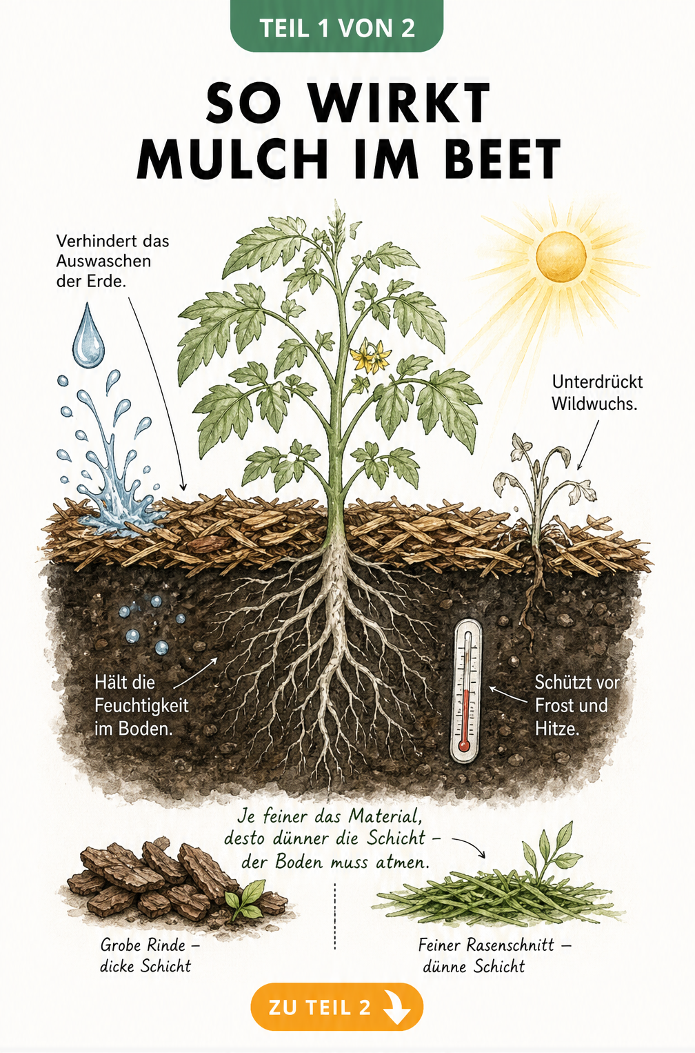 Querschnitt eines Gartenbeets mit Mulchschicht, die vor Austrocknung, Frost und Unkraut schützt